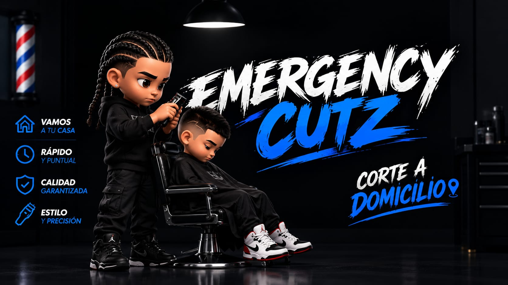 Banner de Emergency Cutz: un barbero caricatura con trenzas corta el pelo a un niño sentado en una silla de barbería, en un local oscuro con un poste de barbero. Texto en grafiti blanco y azul: Emergency Cutz, corte a domicilio. Vamos a tu casa, rápido y puntual, calidad garantizada, estilo y precisión.
